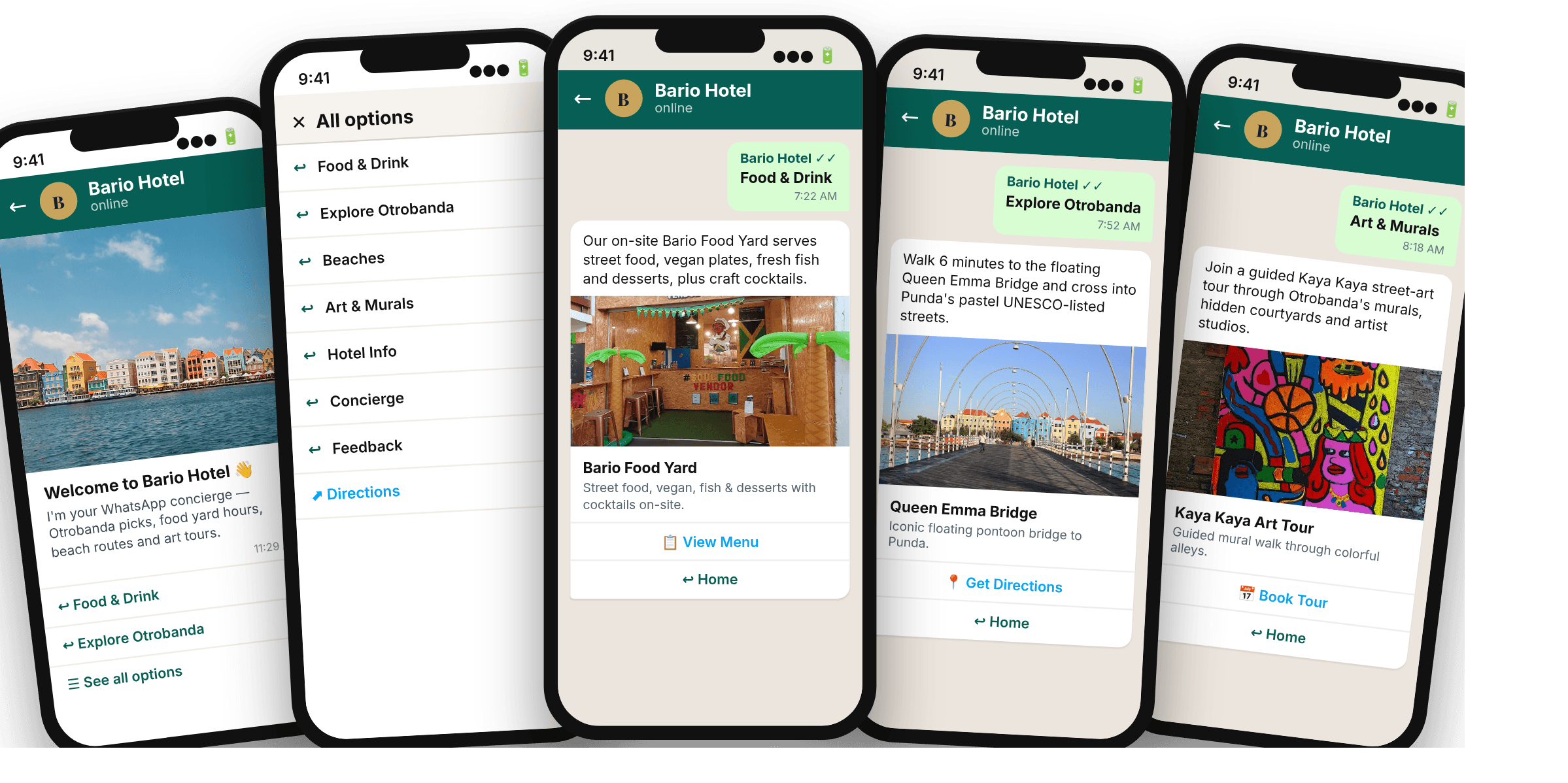 WhatsApp concierge menu for BARIO Hotel in Willemstad, Curaçao — restaurants, local recommendations, hotel info, concierge and feedback