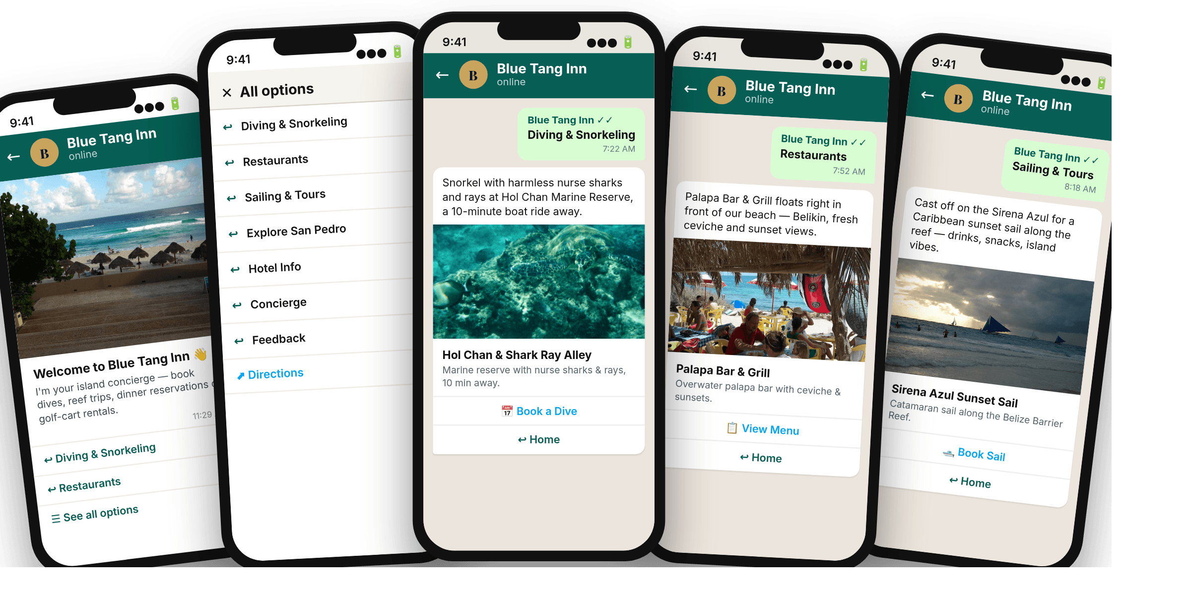 WhatsApp concierge menu for Blue Tang Inn in San Pedro, Belize — restaurants, local recommendations, hotel info, concierge and feedback