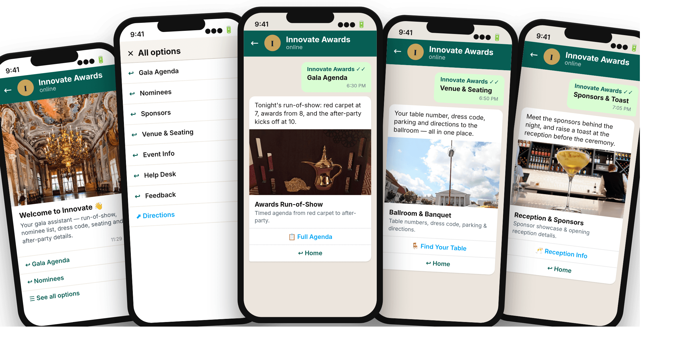 WhatsApp concierge menu for Innovate Awards — gala agenda, nominees, sponsors, venue and seating, help desk and feedback