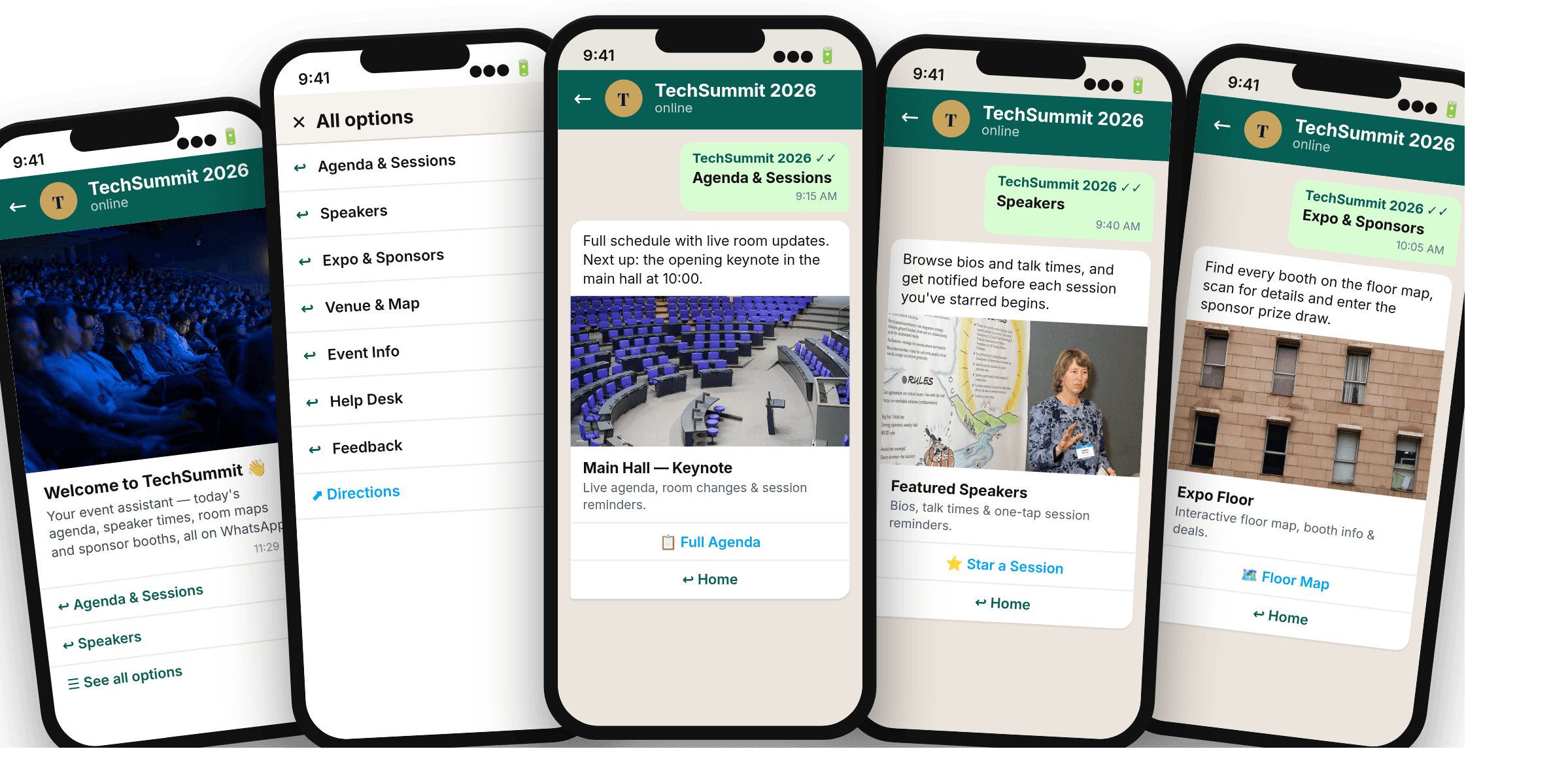 WhatsApp concierge menu for TechSummit 2026 — agenda and sessions, speakers, expo and sponsors, venue and map, help desk and feedback